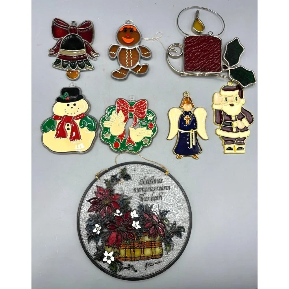 Vtg 8 Pc Christmas Stained Glass Ornaments Snowman Angel Santa‎ Wreath
